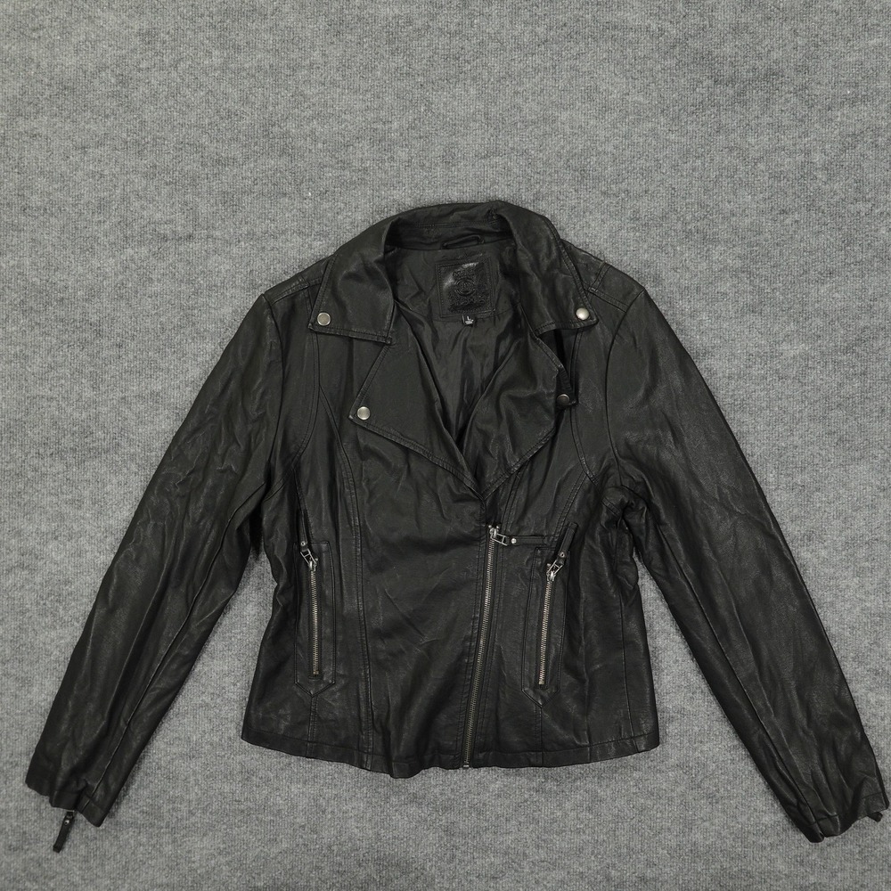 Max Studio Jacket‎ Womens Large Black Faux Leather Moto Biker Zip Pockets Lined